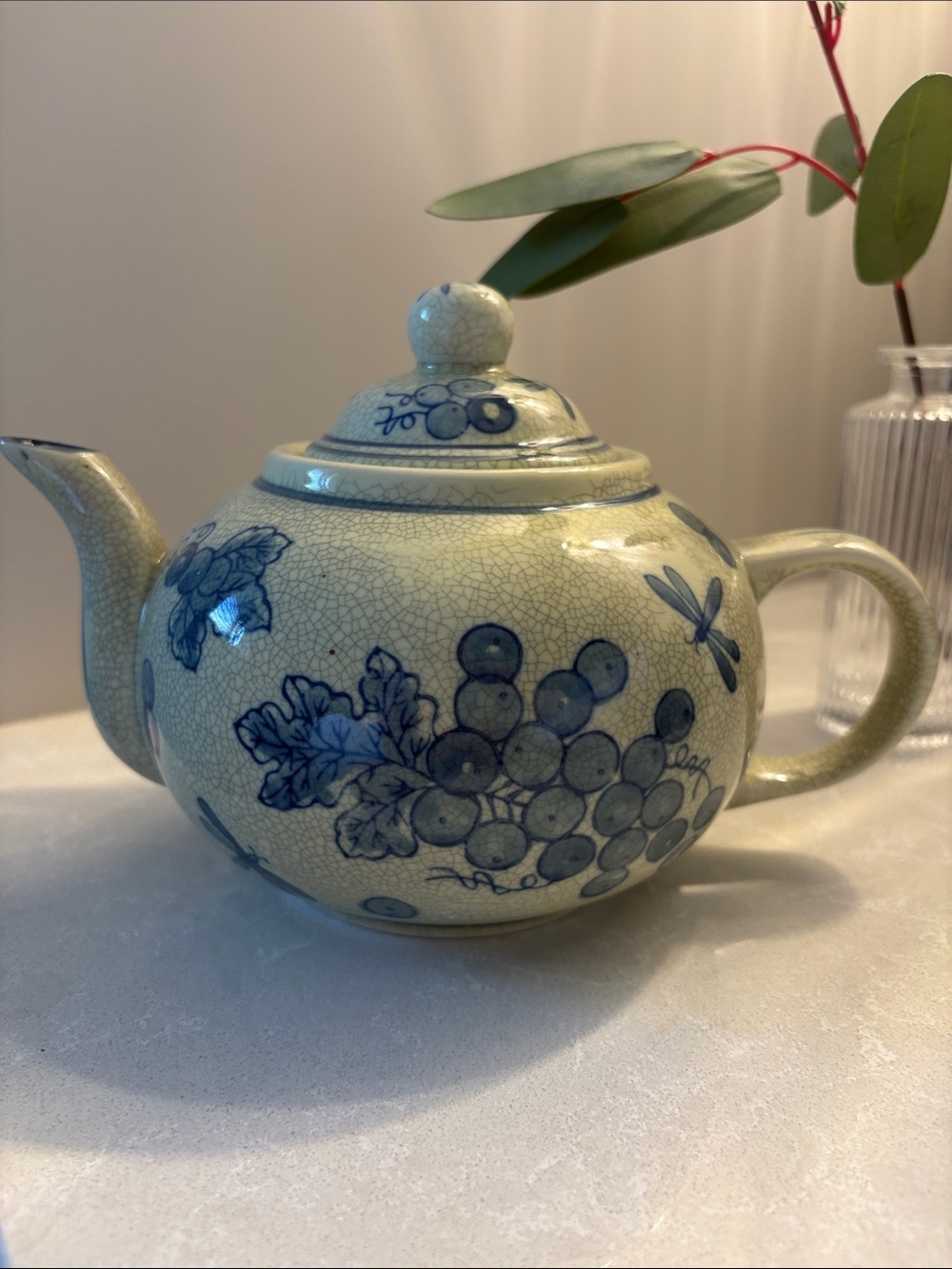 Vintage April Cornell Blueberry & Dragonfly Ceramic Teapot